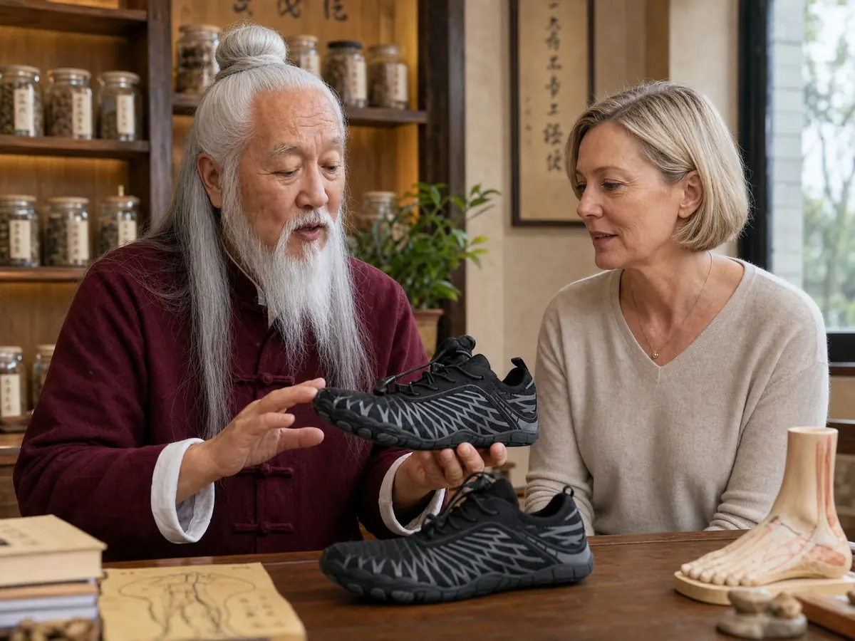 Chen Wei consulting with a patient about Baro shoes