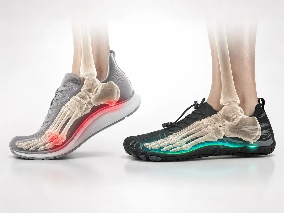 Conventional cushioned shoe and Baro barefoot shoe with anatomical skeleton alignment overlay